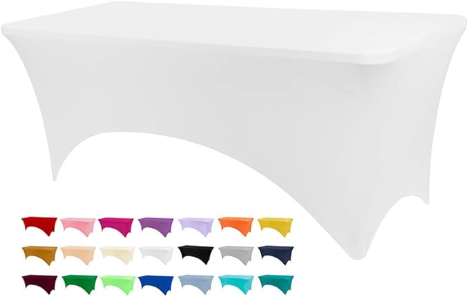 Table Covers for 8 Foot Tables, White Washable and Wrinkle Resistant Stretch Tablecloths Rectangle 8ft for Events, Wedding, Banquets, Parties
