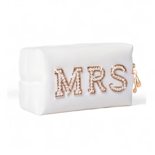 Y1tvei Gold MRS Letter Patch Cosmetic Toiletry Bag Pearl Rhinestone Varsity Letter Patches PU Leather Bride Makeup Bag Waterproof Portable Zipper Clutch Purse Travel Organizer for Women Christmas