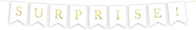 Andaz Press Hanging Bunting Pennant Party Banner with String, Metallic Gold Ink, Surprise!, 3-Feet, 1-Set, Includes String