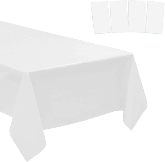 4 Pack Plastic Tablecloths Disposable Table Covers Plastic Table Cloths for BBQ Picnic Birthday Wedding Parties Waterproof and Oil-proof Table Cloth Light Weight Thin White TableCover 54 x 108 In