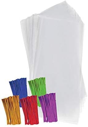 Purple Q Crafts Clear Plastic Cellophane Bags with 4" Colored Twist Ties for Gifts Party Favors (4"x9" 100 Pack)