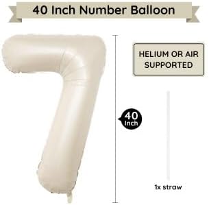 40 Inch Beige Number Balloon 7, Large Cream Number Foil Mylar Balloons for Birthday Party Celebration Decorations Supplies, Digital Balloons for Wedding Anniversary Events Decorations