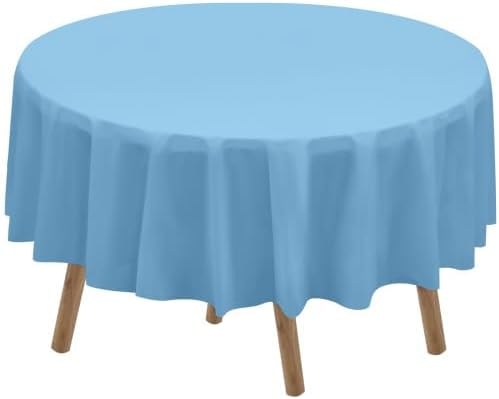 PARTY ULYJA Light Blue Plastic Tablecloths 2 Pack Disposable Table Covers 84 Inch Circle Baby Shower PEVA Sky Blue Table Cloths for Picnic Birthday Wedding Banquet Parties 6 ft Round Table Use