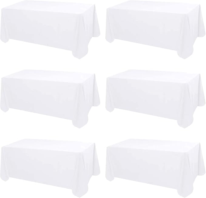 Kesfey 6 Packs White Polyester Table Cloths 90 x132 inch Rectangle High Density Tablecloth Fabric Tablecover for 6 Foot Tables Wrinkle Resistant Washable Table Cloth for Wedding Celebration Buffet