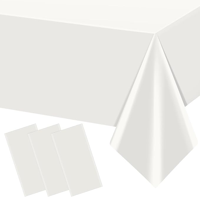 3Pcs 54 x 108 Inch White Rectangle Tablecloth,Disposable Plastic Table Cloth,Waterproof White Table Cover for Graduation Birthdays Weddings Anniversary Party Decorations