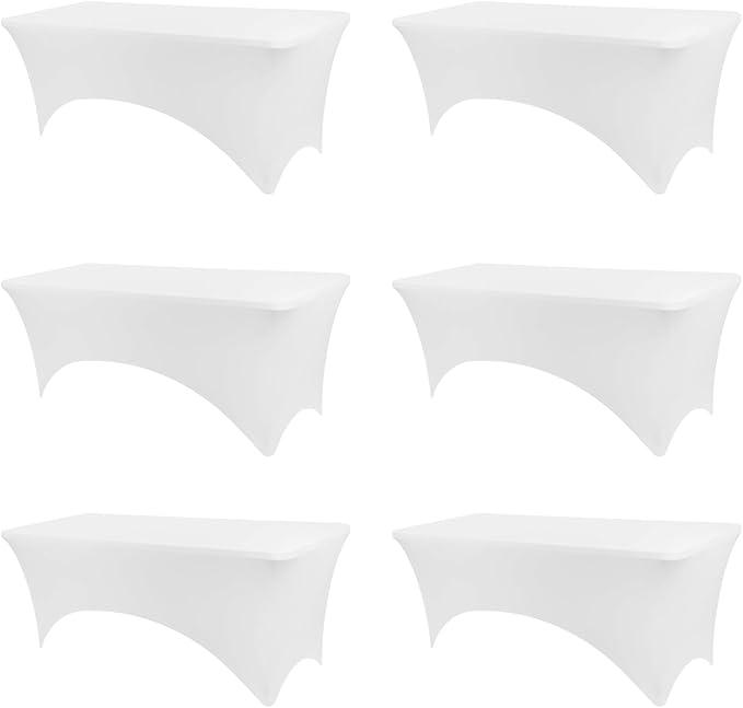 Table Covers for 8 Foot Tables, 6 Pack White Washable and Wrinkle Resistant Stretch Tablecloths Rectangle 8ft for Events, Wedding, Banquets, Parties