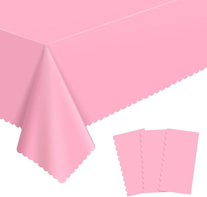 3 Pack Plastic Pink Tablecloth, 54 X 108Inch Party Table Cloth Scalloped Mother's Day Tablecloths for Rectangle Tables Disposable Table Cover for Birthday Baby Shower Tea Party Wedding Bridal Picnic