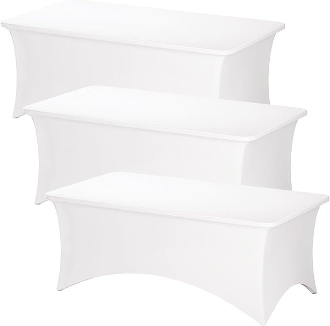 Fixwal 3 Pack White Table Cloths Rectangle 8FT, Tablecloths Rectangular Stretch Spandex Fitted Table Covers 8FT for Parties, Trade Shows, Banquet, Weddings, Buffet, Graduation Decorations