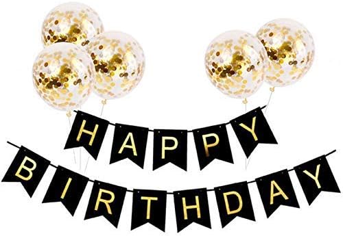 Tellpet Black HAPPY BIRTHDAY Banner with 5 pcs Gold Confetti Balloons