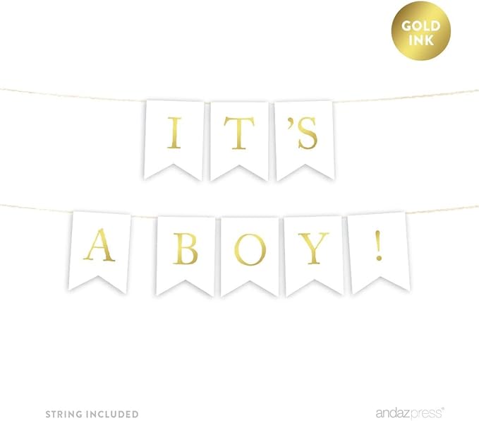 Andaz Press Baby Shower Hanging Bunting Pennant Party Banner with String, Metallic Gold Ink, It's a Boy!, 4-Feet, 1-Set, Includes String