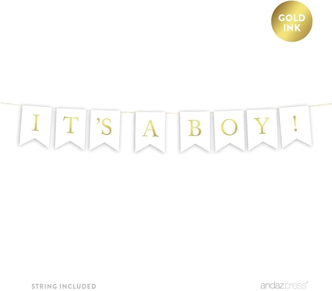 Andaz Press Baby Shower Hanging Bunting Pennant Party Banner with String, Metallic Gold Ink, It's a Boy!, 4-Feet, 1-Set, Includes String