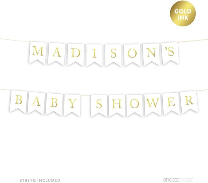 Andaz Press Personalized Baby Shower Hanging Bunting Pennant Party Banner with String, Metallic Gold Ink, Madison's Baby Shower, 8-Feet, 1-Set, Includes String, Custom Name