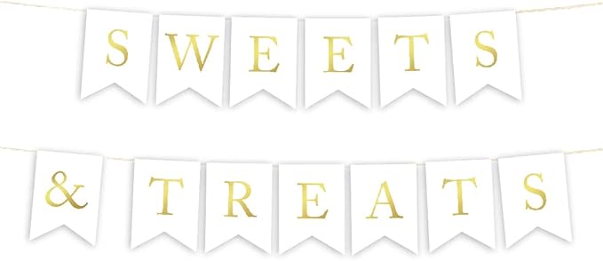 Andaz Press Hanging Bunting Pennant Party Banner with String, Metallic Gold Ink, Sweets & Treats, 5-Feet, 1-Set, Includes String