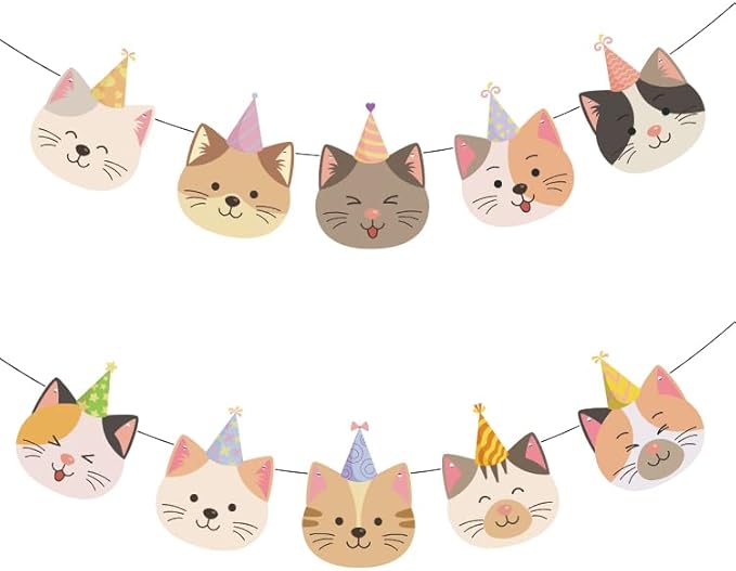 Hooqict Happy Birthday Banner Cat Birthday Decorations Party Banner Garland Sign for Girls Kids 1st 2nd 3rd Funny Cat Themed Birthday Party Decorations Supplies