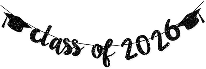 Class of 2026 Graduation Banners Party Decorations, Black Glitter Graduation Banners Garland for Congratulation Graduations Party Supplies, School, Home, Car Decorations