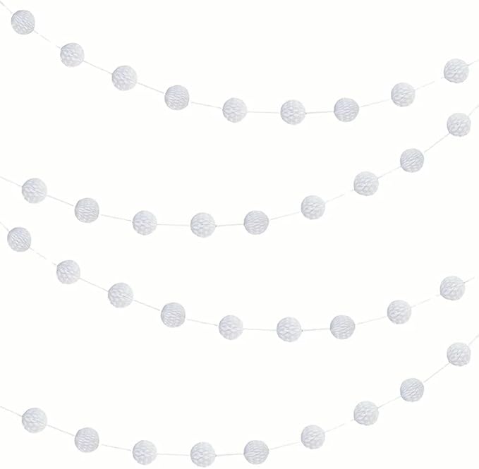 White Honeycomb Ball Garland - 7 ft. - Elegant Paper Decor - Ideal for Bridal Showers, Birthdays, & Christmas Parties (1 Pc.)