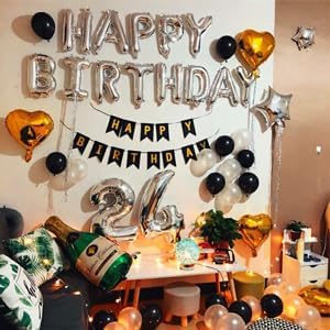 KALOR Silver and Black Happy Birthday Balloons Kit with 16 Inch Mylar Foil Letters Balloon and Star Balloons for Birthday Party Decorations Photo Booth Backdrop