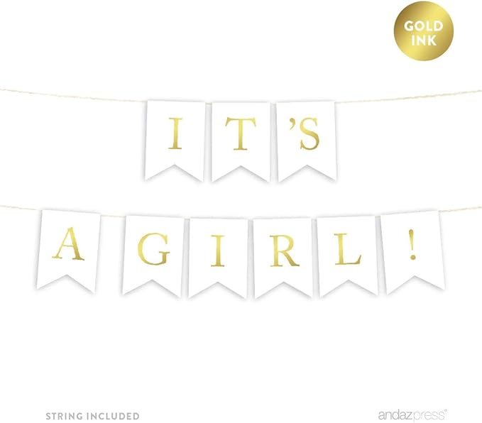 Andaz Press Baby Shower Hanging Bunting Pennant Party Banner with String, Metallic Gold Ink, It's a Girl!, 4-Feet, 1-Set, Includes String, Not Gold Foil