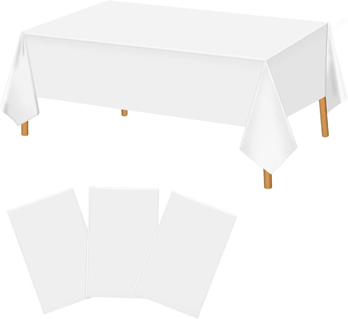 Hxezoc 3 Pack White Disposable Plastic Tablecloths, 54 x 108 Inches Waterproof Table Cover for Wedding Birthday Party Baby Shower Decorations Outdoor Indoor Party Supplies