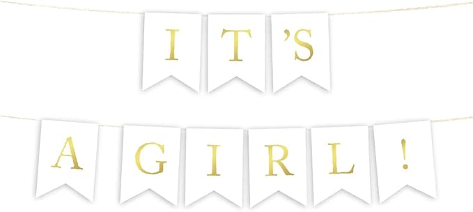 Andaz Press Baby Shower Hanging Bunting Pennant Party Banner with String, Metallic Gold Ink, It's a Girl!, 4-Feet, 1-Set, Includes String, Not Gold Foil