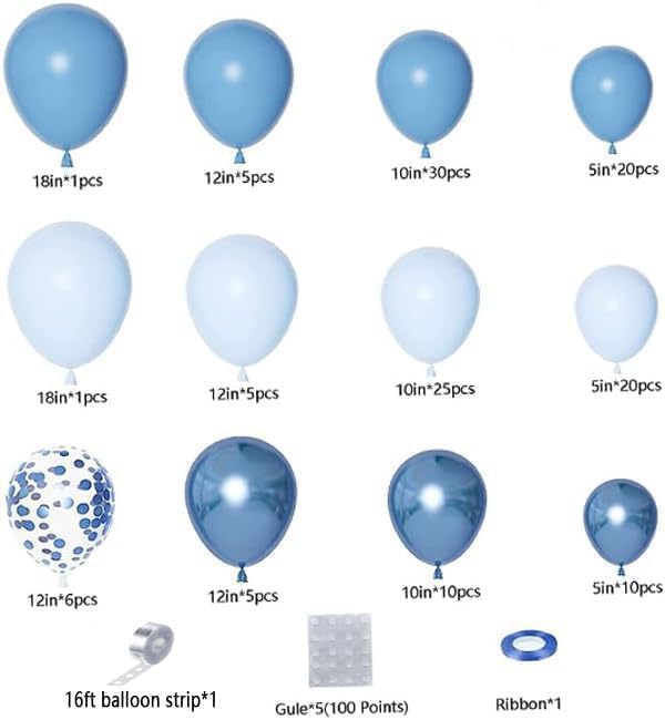 Baby Blue Balloon Arch Garland Kit, Metallic Macaron Pastel Light Blue Confetti Balloons, Different Sizes Balloons for Baby Shower, Birthday, Wedding, Ocean Themed Party Decoration