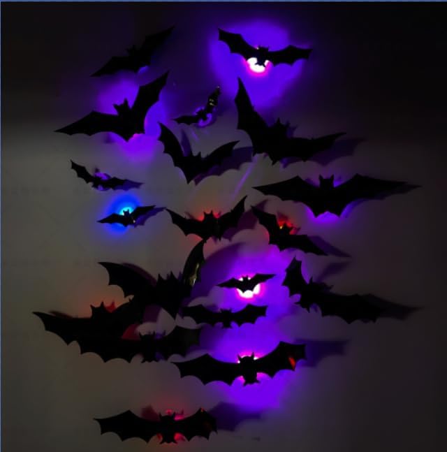 2025 New Halloween 3D Lighted Bats, LED Purple Lighted 3D Bats Halloween Decoration, Upgrade LED Glowing Bat Group Hanging Wall Luminous Glow Clings Multipack (48Pcs Black)