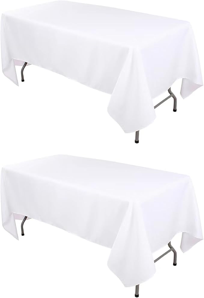 Kesfey 2 Packs White Table Cloths Rectangle 60 x 84 inch Washable Polyester Fabric White Tablecloths for 4 Feet Tables Stain and Wrinkle Resistant Reusable Table Covers for Parties Wedding Banquet