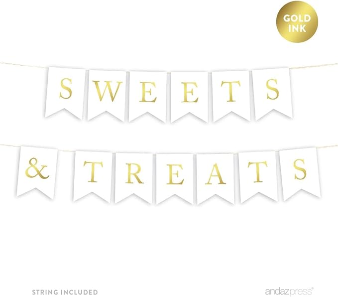 Andaz Press Hanging Bunting Pennant Party Banner with String, Metallic Gold Ink, Sweets & Treats, 5-Feet, 1-Set, Includes String