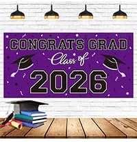 2026 Graduation Party Plastic Backdrop - 65" x 32.7" Congrats Grad Banner in Purple, Large Class of 2026 Decorations, Photography & Grad Party Supplies