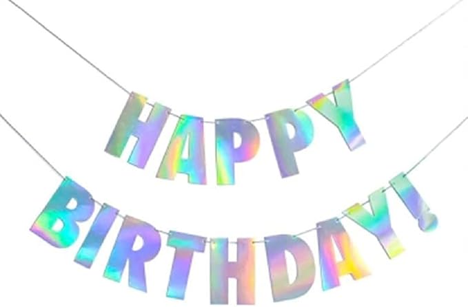 Pre-Strung Happy Birthday Sign - NO DIY - Holographic Hanging Banner Iridescent White Bunting String Flag Garland for Party Decorations (Holographic)