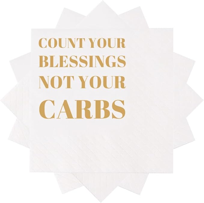 Funny Cocktail Napkins 100Pcs Funny Quotes Saying Disposable Paper Party Napkins 4.5 x 4.5 Two-ply (Count Your Blessings Not Your Carbs Napkins)