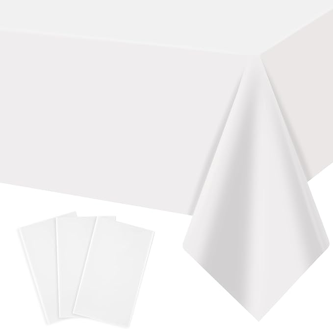 MRJ 3 Pack White Plastic Table Cloth 54 x 108 Inch Disposable Rectangle Waterproof Table Cover for Birthday Baby Shower Wedding