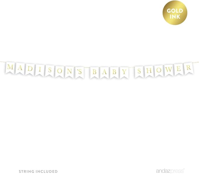 Andaz Press Personalized Baby Shower Hanging Bunting Pennant Party Banner with String, Metallic Gold Ink, Madison's Baby Shower, 8-Feet, 1-Set, Includes String, Custom Name