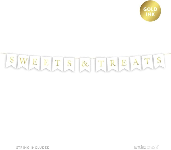 Andaz Press Hanging Bunting Pennant Party Banner with String, Metallic Gold Ink, Sweets & Treats, 5-Feet, 1-Set, Includes String