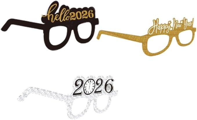 12 Pcs Happy New Year Eyeglasses,Hello 2026 Party Paper Glasses, Black and Gold Glitter New Years Eve Party Supplies 2025,Clock Countdown Favors for Costume Party,NYE Decorations 2026