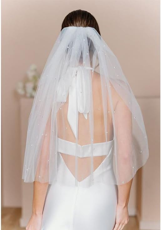 White Short Wedding Veil Pearl Rhinestone Bride Veils Bridal Veils Bachelorette Party Veil for Brides and Women