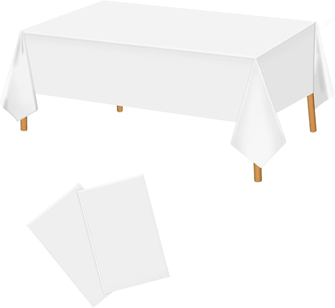 2 Pack White Plastic Tablecloth 54 x 108 Inch Disposable Table Cloth Rectangular Table Cover for Indoor or Outdoor Parties Engagement Wedding Bridal Shower Banquet