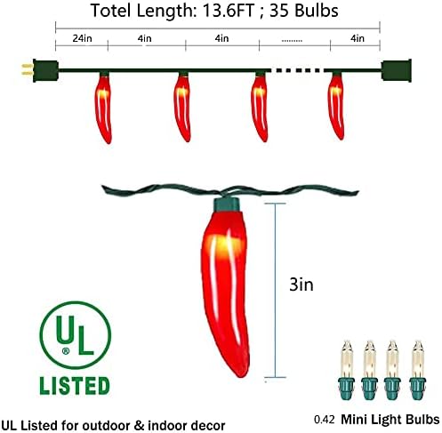 Chili Pepper String Lights, 35 Red Chili Lights with Warm White, 13.6Ft Connectable Hot Pepper String Lights UL Listed for Outdoor Indoor Kitchen Garden Patio Christmas Mexican Party Decor