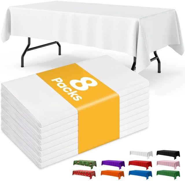White Plastic Table Cloth - 8 Pack 54" × 108" Rectangle Disposable Tablecloths for 6FT Tables, Table Cover for Party, Holiday & Gathering Use