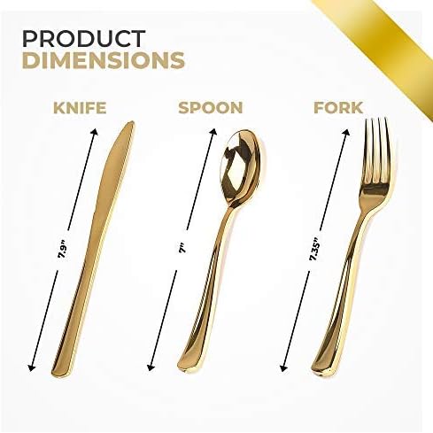 Gold Plastic Silverware Set (300-Pack) – Disposable Heavy Duty Cutlery, 100 Forks, 100 Knives, 100 Spoons for Parties, Weddings, Dinners & Holidays