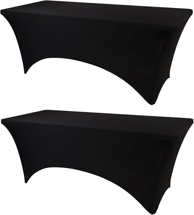 4ft Table Cover Fitted, 2 Pack Black Spandex Table Covers, Washable and Wrinkle Resistant Stretch Tablecloths Rectangle for Events, Wedding, Banquets, Parties