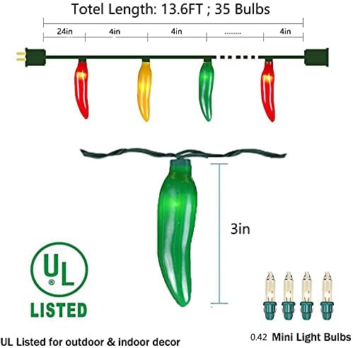 Multicolor Chili Pepper Christmas Lights Plug in, 13.6Ft Outdoor Christmas Decorations Lights with 35 LED Red Green and Yellow Chili Pepper Fiesta Light for Kitchen Patio Mexican Party Bar Garden