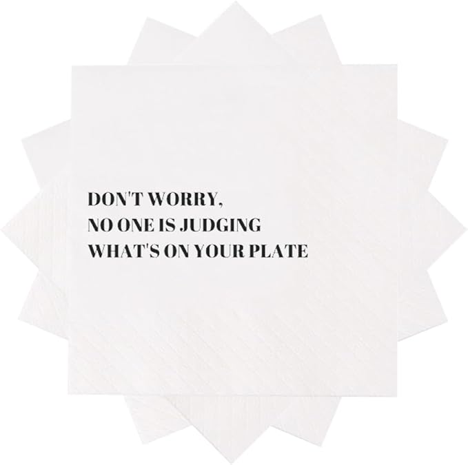 Funny Cocktail Napkins 100Pcs Funny Quotes Saying Disposable Paper Party Napkins 4.5 x 4.5 Two-ply (Don't worry, No one is Judging What's On Your Plate Napkins)