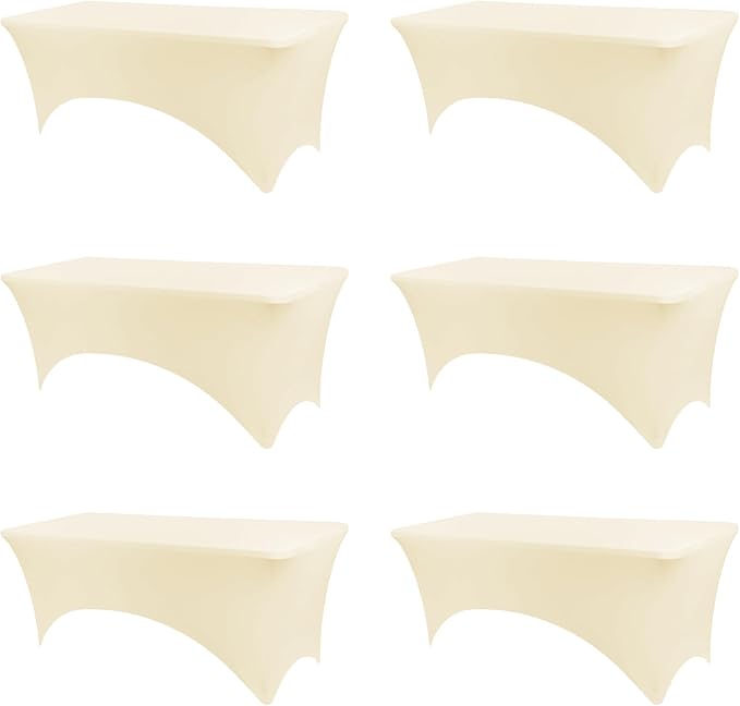 Table Covers for 8 Foot Tables, 6 Pack Ivory Washable and Wrinkle Resistant Stretch Tablecloths Rectangle 8ft for Events, Wedding, Banquets, Parties