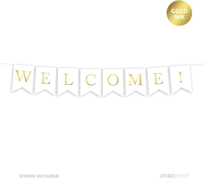 Andaz Press Hanging Bunting Pennant Party Banner with String, Metallic Gold Ink, Welcome!, 3-Feet, 1-Set, Includes String