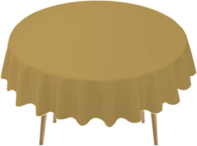 Gold Plastic Tablecloths 2 Pack Disposable Table Covers 84 Inch Circle Bridal Shower Party Tablecovers PEVA Vinyl Table Cloths for BBQ Picnic Birthday Wedding Banquet Parties 6 ft Round Table Use