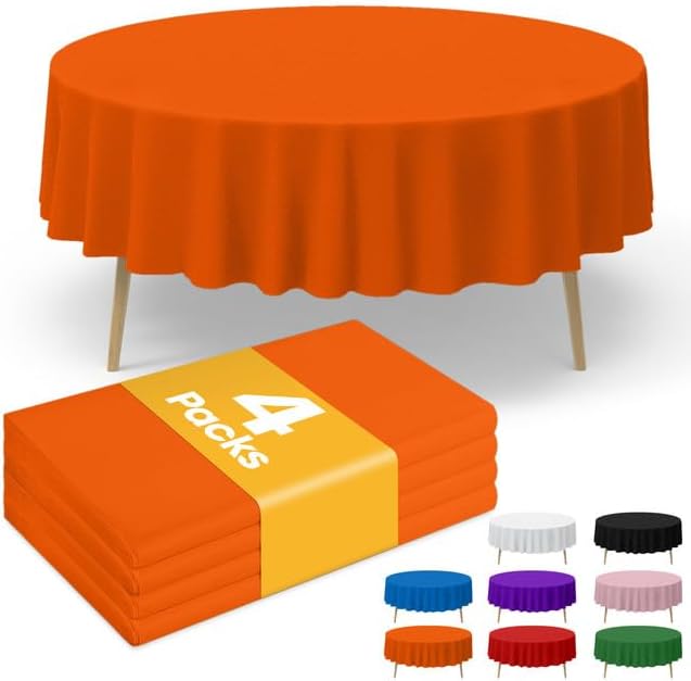 Orange Plastic Table Cloth - 4 Pack 84" Round Disposable Tablecloths for Round Tables, Table Cover for Holiday Parties & Gatherings