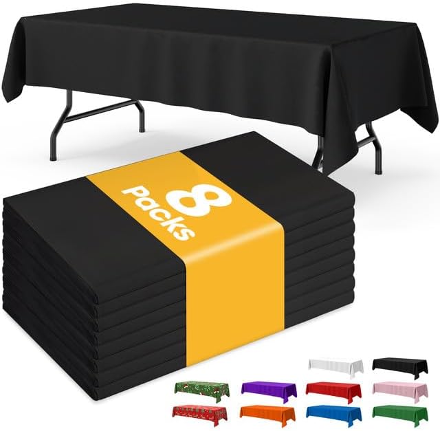 Black Plastic Table Cloth - 8 Pack 54" × 108" Rectangle Disposable Tablecloths for 6FT Tables, Table Cover for Party, Holiday & Gathering Use