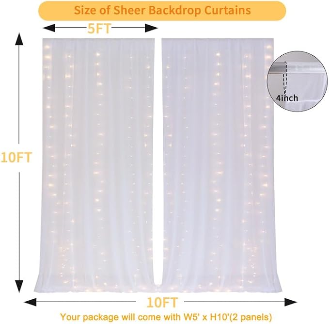 White Backdrop Curtain with Lights String for Birthday Decorations 10×10FT Tulle Backdrop Curtain for Parites Wedding Bridal Shower Baby Shower Bridal Shower (2 Panels 5×10ft)
