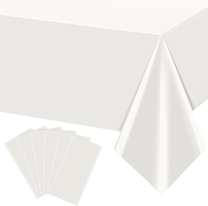 6Pcs 54 x 108 Inch White Rectangle Tablecloth,Disposable Plastic Table Cloth,Waterproof White Table Cover for Graduation Birthdays Weddings Anniversary Party Decorations